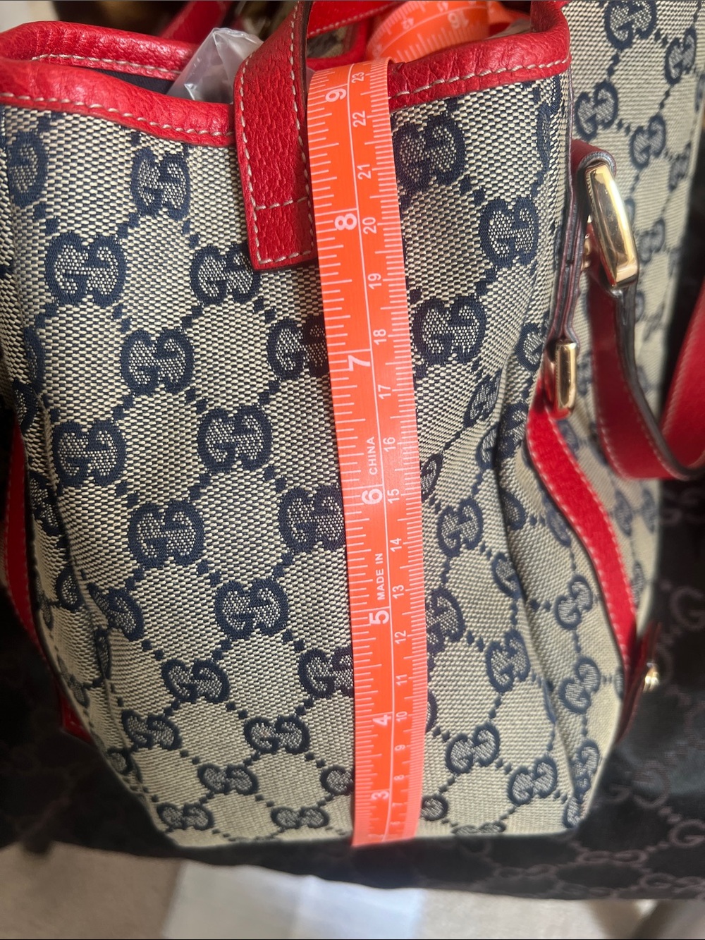 Gucci Beige with blue GG Canvas Shoulder Bag with Red Leather Trim. - Picture 7 of 8